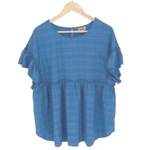 GiGio Plus Womens Ruffled Detail Hi-Low Hem Textured Top Denim Blue Size 1X NWT - Picture 2 of 11